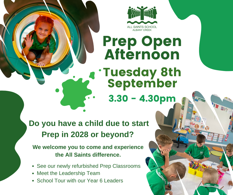Invitation to attend Open Afternoon for Prep 2028 enrolments and beyond. Tuesday 8th September 3.30 - 4.30pm.